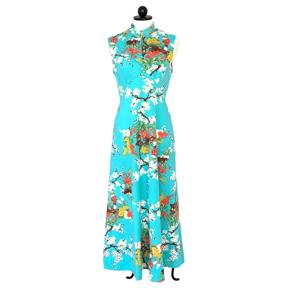 Vintage 60's - 70's Turquoise Asian Style Cherry Blossom Maxi Dress Sleeveless